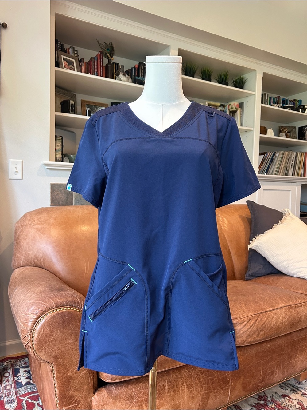 Scrubstar Navy V-Neck Top with Teal Trim
